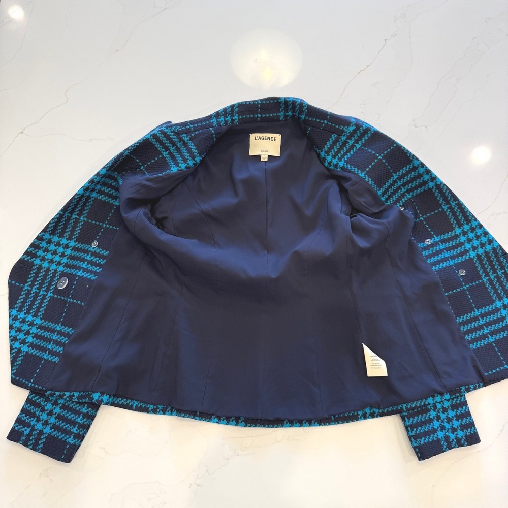 L'Agence Kenzie 100% Wool Teal Blue Plaid Tweed Double Breasted Blazer Sz 2 EUC - Picture 9 of 14